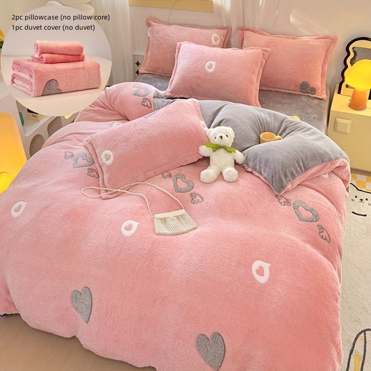 Cute Pink Heart Pattern Teddy Fleece Bedding 3pcs Set, Cozy Fluffy Plush Duvet Cover Set