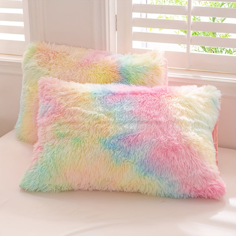Aesthetic Rainbow Tie Dye Long Plush Duvet Cover Set, Luxury Fluffy Fuzzy Bedding 3pcs Set