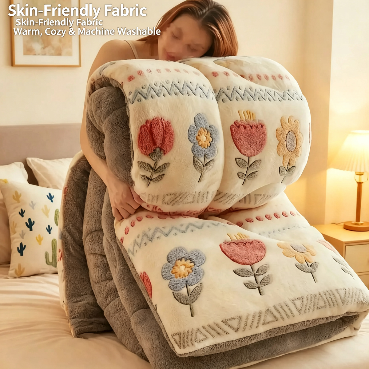 Reversible Boho Floral Sherpa Comforter Set with Pillowcases