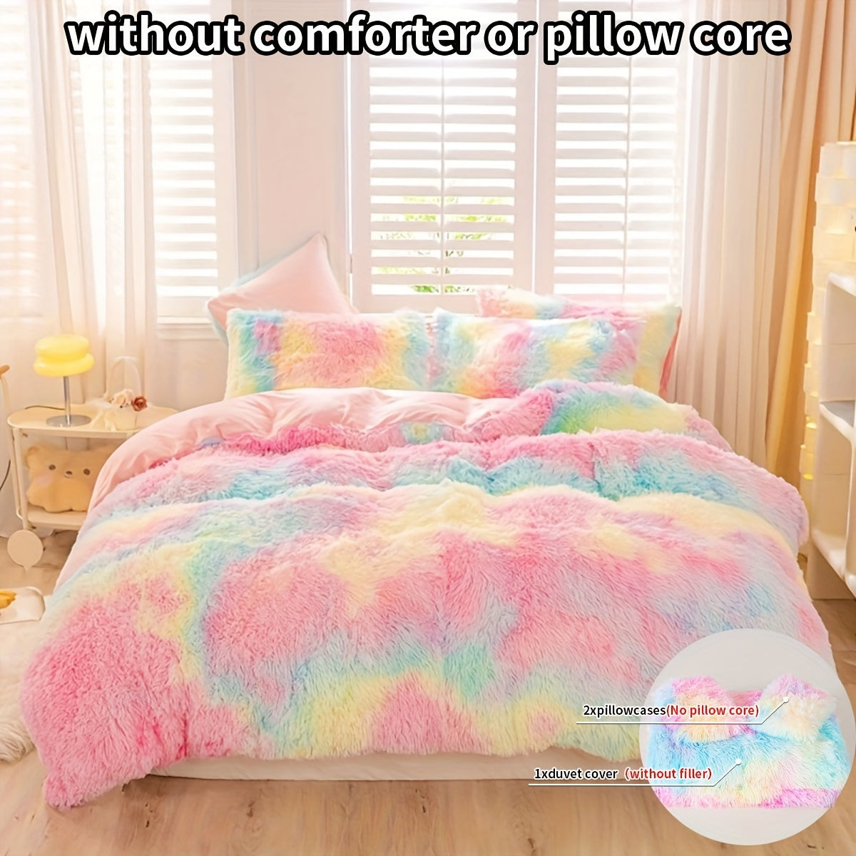 Aesthetic Rainbow Tie Dye Long Plush Duvet Cover Set, Luxury Fluffy Fuzzy Bedding 3pcs Set