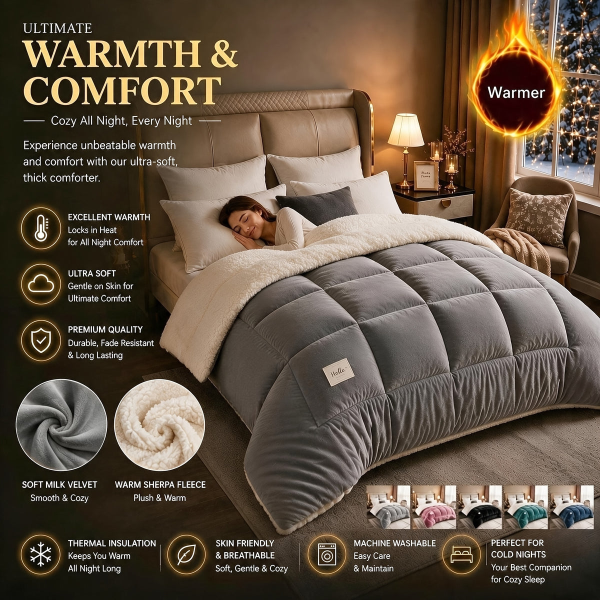 Reversible Sherpa Comforter, Ultra Soft Flannel Velvet Thick Winter Warm Quilt, 1 Piece Comforter Only, No Pillowcases