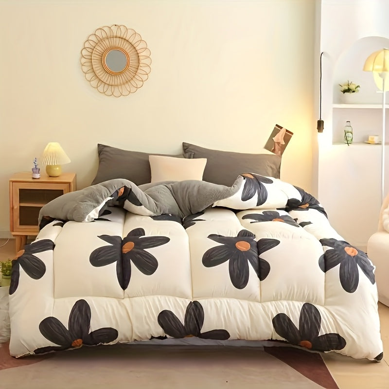 Cute Floral Pattern Sherpa Reversible Comforter, Ultra Soft Thick Winter Warm Quilt