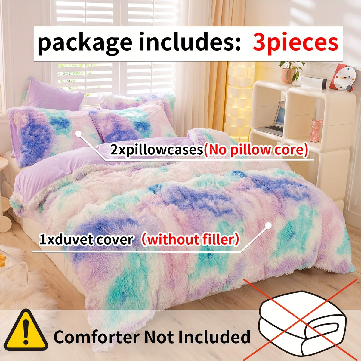 Aesthetic Rainbow Tie Dye Long Plush Duvet Cover Set, Luxury Fluffy Fuzzy Bedding 3pcs Set