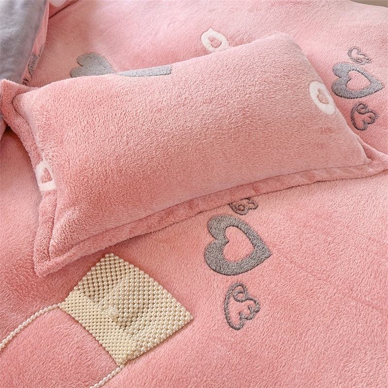 Cute Pink Heart Pattern Teddy Fleece Bedding 3pcs Set, Cozy Fluffy Plush Duvet Cover Set