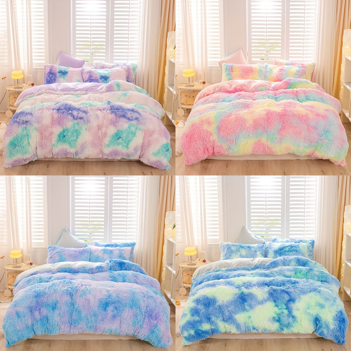 Aesthetic Rainbow Tie Dye Long Plush Duvet Cover Set, Luxury Fluffy Fuzzy Bedding 3pcs Set