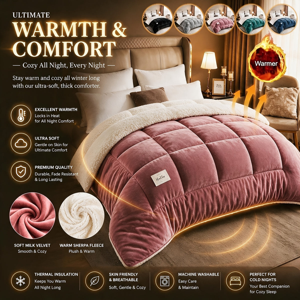 Reversible Sherpa Comforter, Ultra Soft Flannel Velvet Thick Winter Warm Quilt, 1 Piece Comforter Only, No Pillowcases