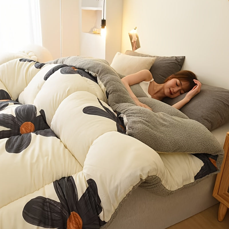 Cute Floral Pattern Sherpa Reversible Comforter, Ultra Soft Thick Winter Warm Quilt
