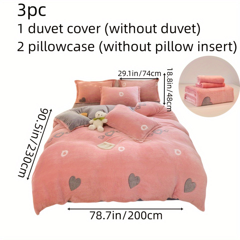 Cute Pink Heart Pattern Teddy Fleece Bedding 3pcs Set, Cozy Fluffy Plush Duvet Cover Set