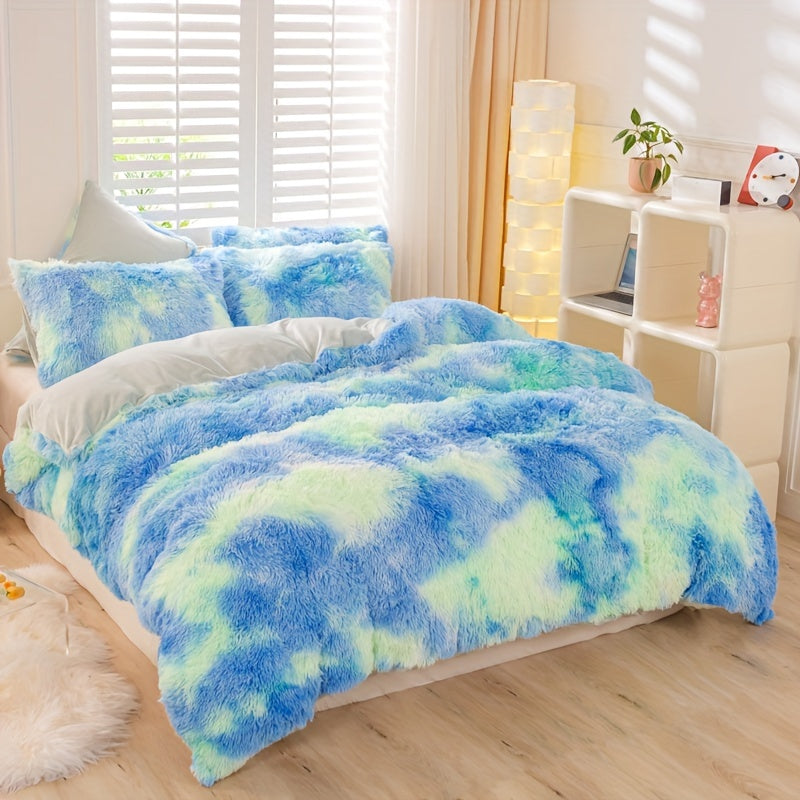 Aesthetic Rainbow Tie Dye Long Plush Duvet Cover Set, Luxury Fluffy Fuzzy Bedding 3pcs Set