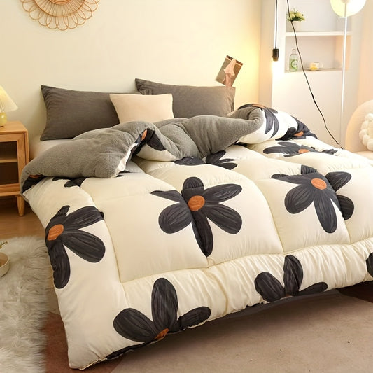 Cute Floral Pattern Sherpa Reversible Comforter, Ultra Soft Thick Winter Warm Quilt