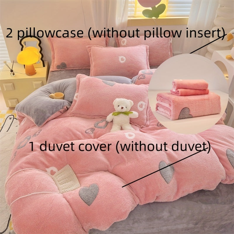 Cute Pink Heart Pattern Teddy Fleece Bedding 3pcs Set, Cozy Fluffy Plush Duvet Cover Set