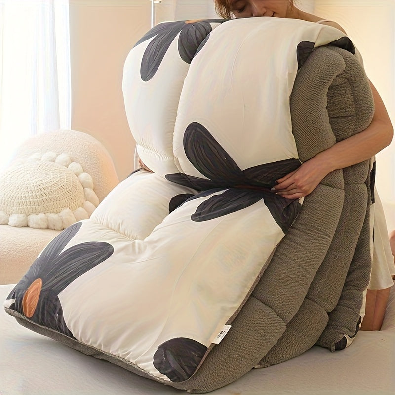 Cute Floral Pattern Sherpa Reversible Comforter, Ultra Soft Thick Winter Warm Quilt