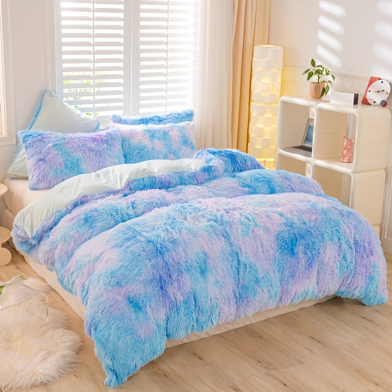 Aesthetic Rainbow Tie Dye Long Plush Duvet Cover Set, Luxury Fluffy Fuzzy Bedding 3pcs Set