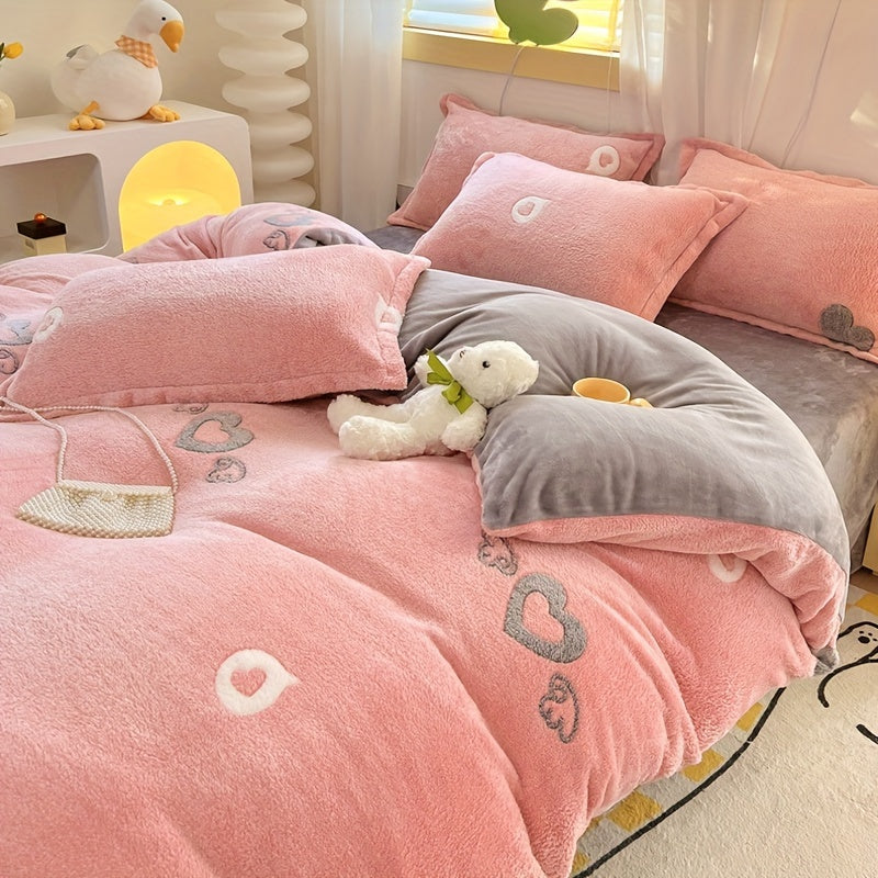 Cute Pink Heart Pattern Teddy Fleece Bedding 3pcs Set, Cozy Fluffy Plush Duvet Cover Set