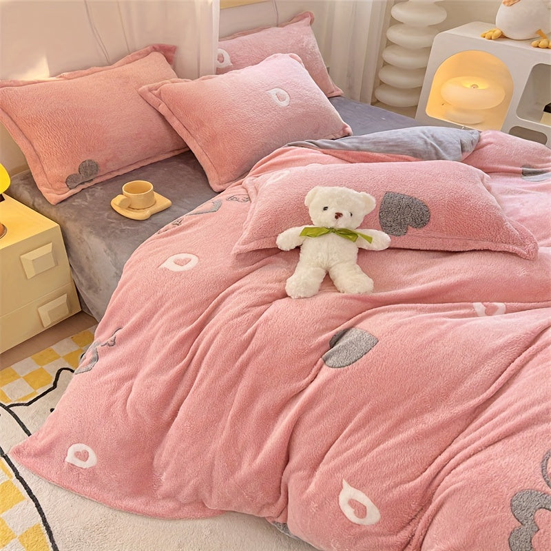 Cute Pink Heart Pattern Teddy Fleece Bedding 3pcs Set, Cozy Fluffy Plush Duvet Cover Set