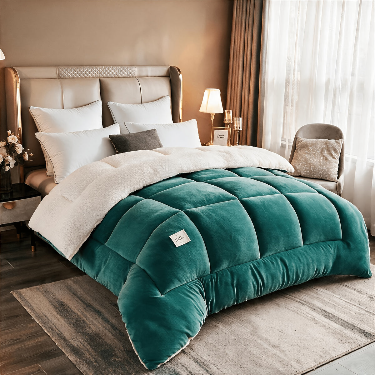 Reversible Sherpa Comforter, Ultra Soft Flannel Velvet Thick Winter Warm Quilt, 1 Piece Comforter Only, No Pillowcases