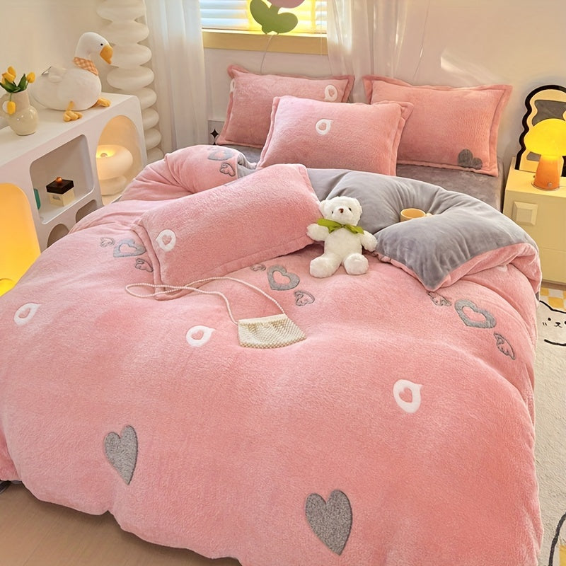 Cute Pink Heart Pattern Teddy Fleece Bedding 3pcs Set, Cozy Fluffy Plush Duvet Cover Set
