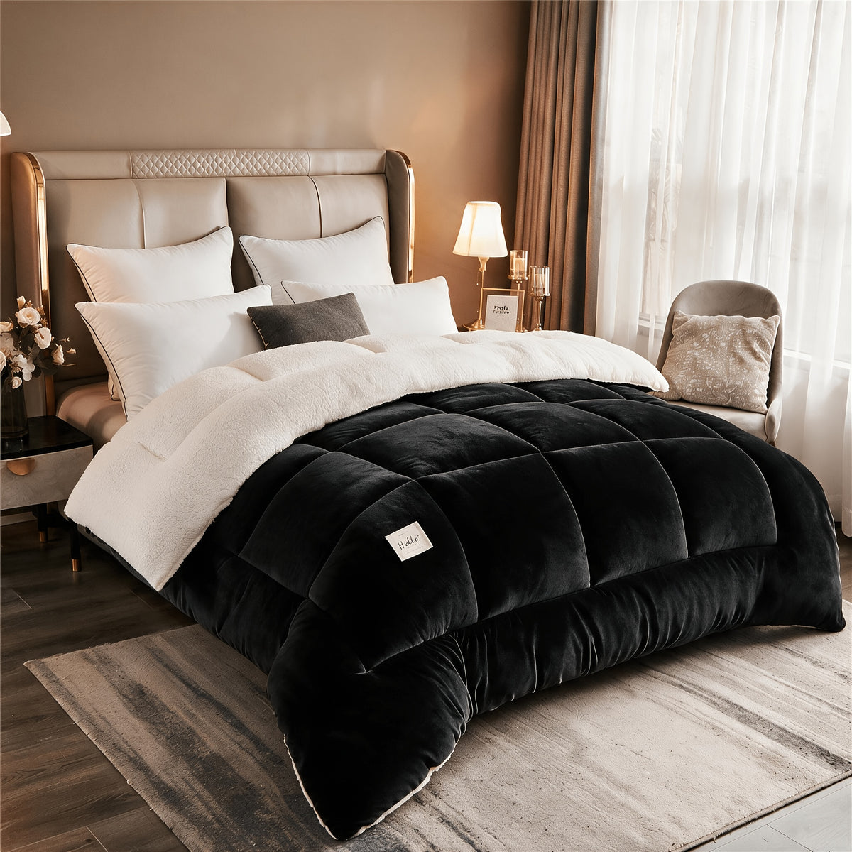 Reversible Sherpa Comforter, Ultra Soft Flannel Velvet Thick Winter Warm Quilt, 1 Piece Comforter Only, No Pillowcases