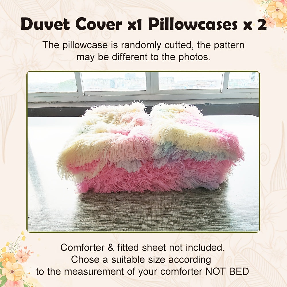 Aesthetic Rainbow Tie Dye Long Plush Duvet Cover Set, Luxury Fluffy Fuzzy Bedding 3pcs Set