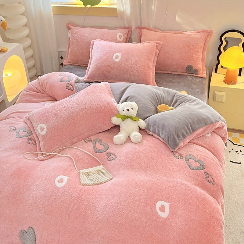 Cute Pink Heart Pattern Teddy Fleece Bedding 3pcs Set, Cozy Fluffy Plush Duvet Cover Set