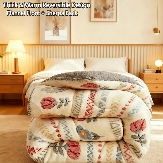 Reversible Boho Floral Sherpa Comforter Set with Pillowcases