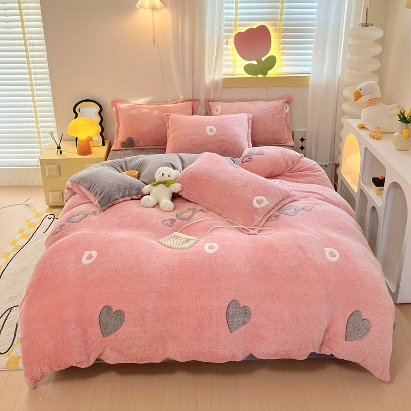 Cute Pink Heart Pattern Teddy Fleece Bedding 3pcs Set, Cozy Fluffy Plush Duvet Cover Set