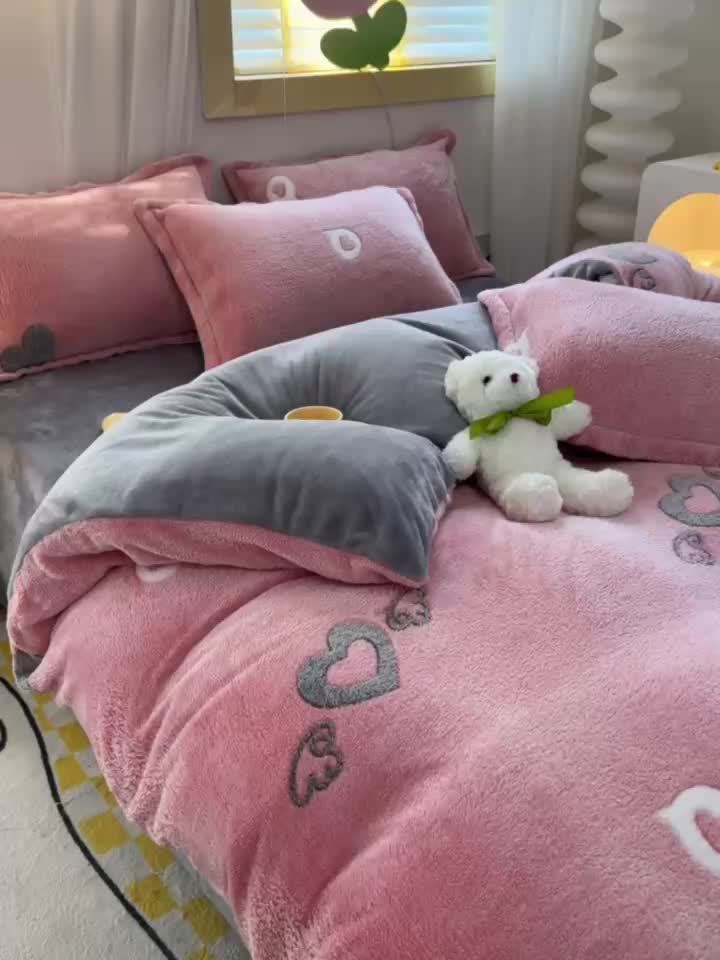 Cute Pink Heart Pattern Teddy Fleece Bedding 3pcs Set, Cozy Fluffy Plush Duvet Cover Set