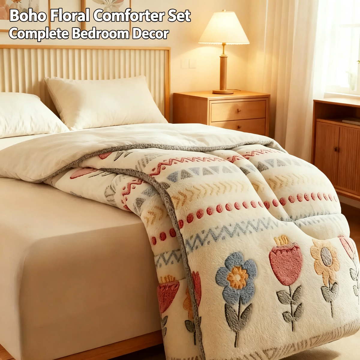 Reversible Boho Floral Sherpa Comforter Set with Pillowcases