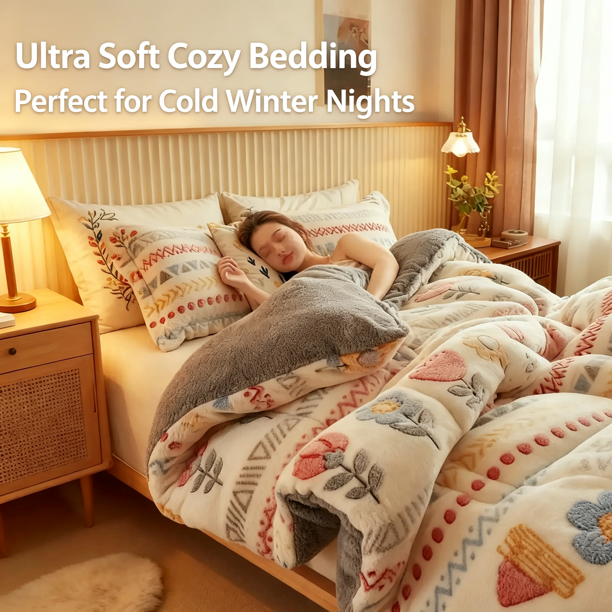 Reversible Boho Floral Sherpa Comforter Set with Pillowcases