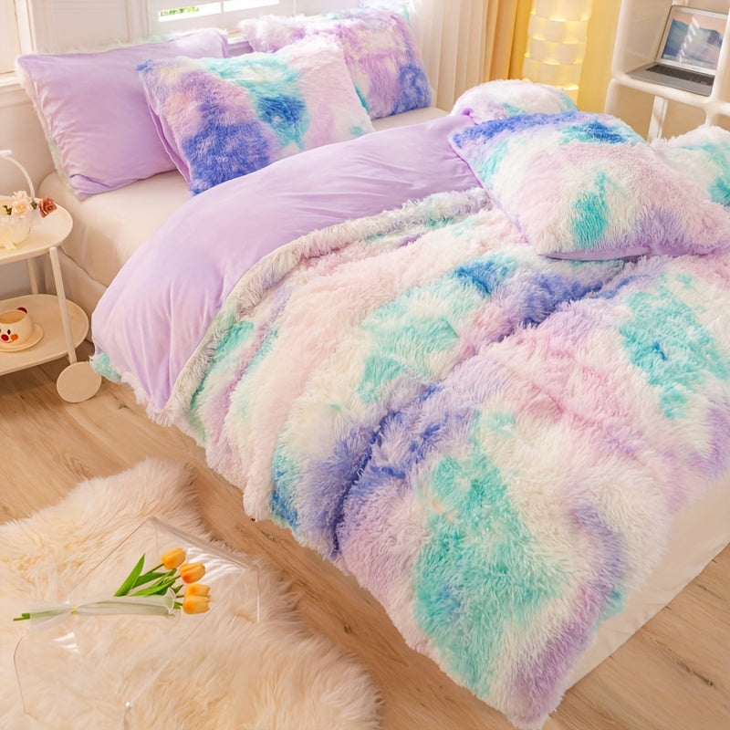 Aesthetic Rainbow Tie Dye Long Plush Duvet Cover Set, Luxury Fluffy Fuzzy Bedding 3pcs Set