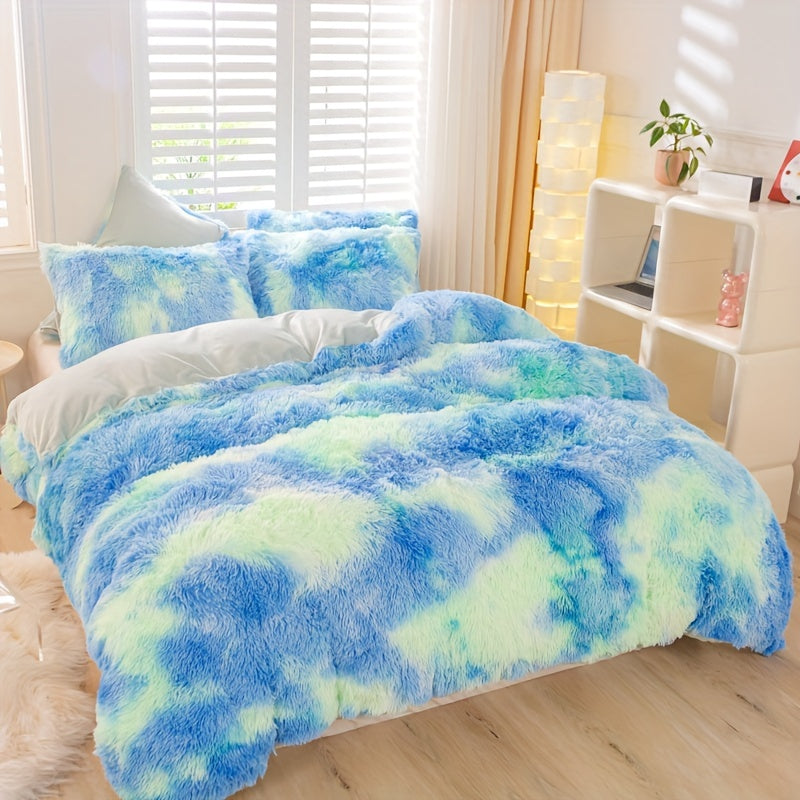 Aesthetic Rainbow Tie Dye Long Plush Duvet Cover Set, Luxury Fluffy Fuzzy Bedding 3pcs Set