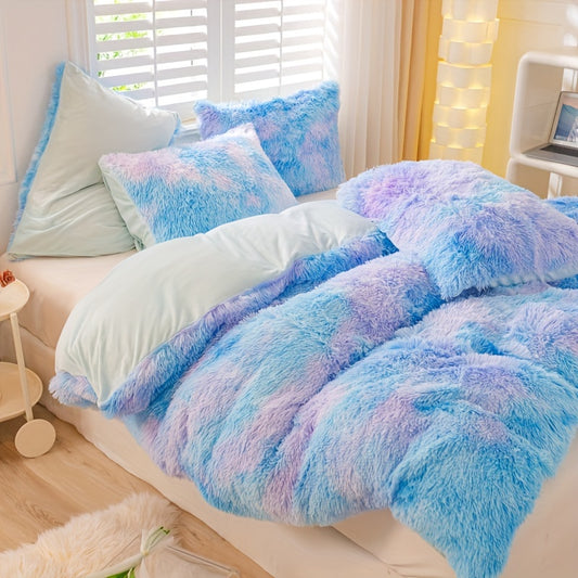 Aesthetic Rainbow Tie Dye Long Plush Duvet Cover Set, Luxury Fluffy Fuzzy Bedding 3pcs Set