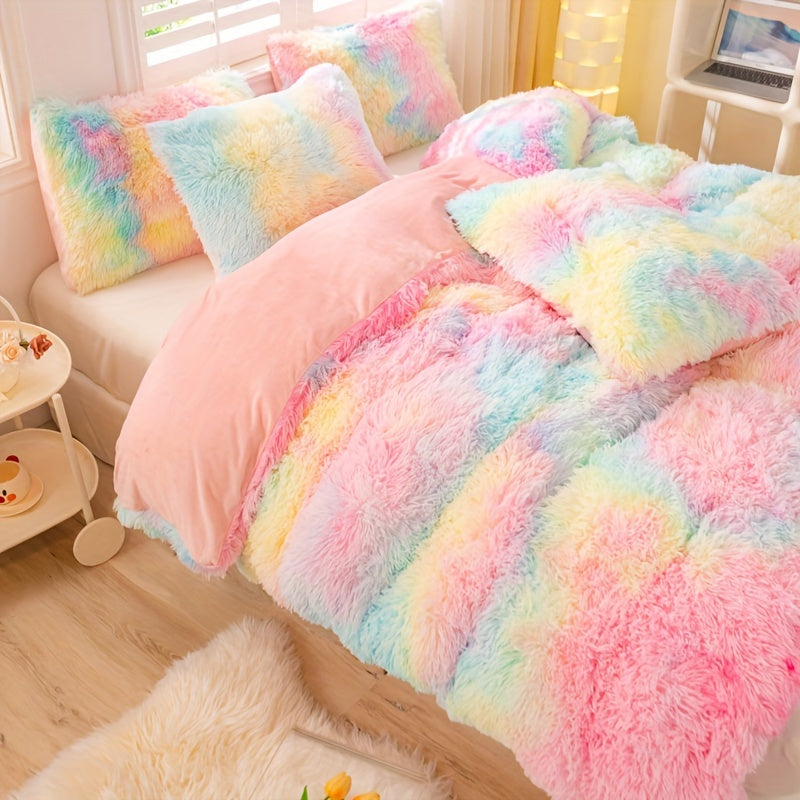 Aesthetic Rainbow Tie Dye Long Plush Duvet Cover Set, Luxury Fluffy Fuzzy Bedding 3pcs Set