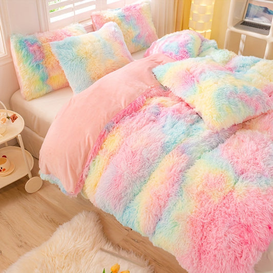 Aesthetic Rainbow Tie Dye Long Plush Duvet Cover Set, Luxury Fluffy Fuzzy Bedding 3pcs Set