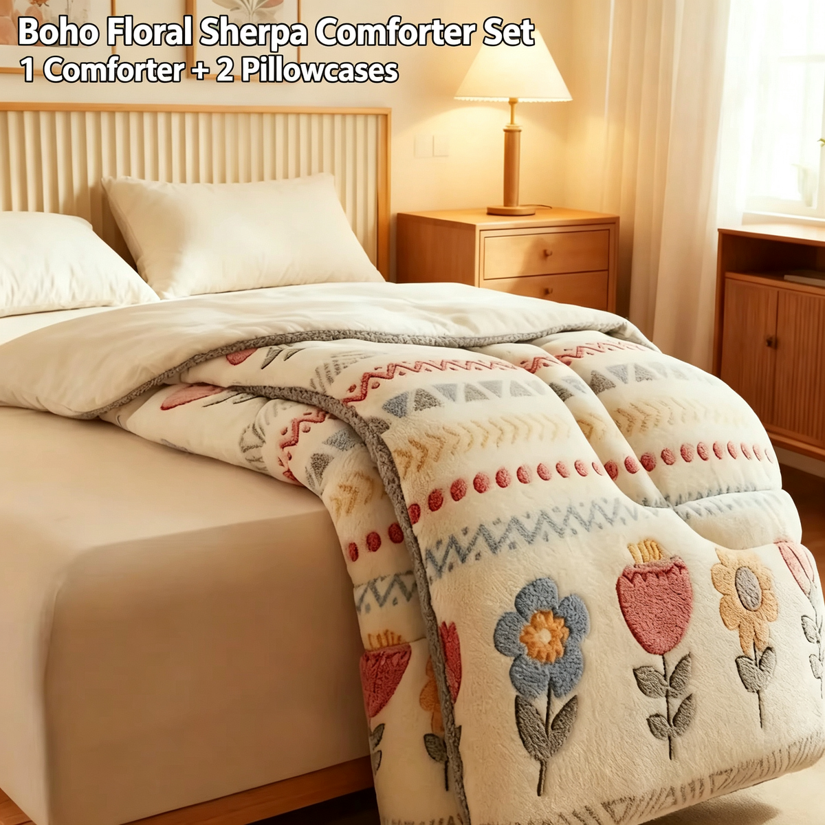 Reversible Boho Floral Sherpa Comforter Set with Pillowcases